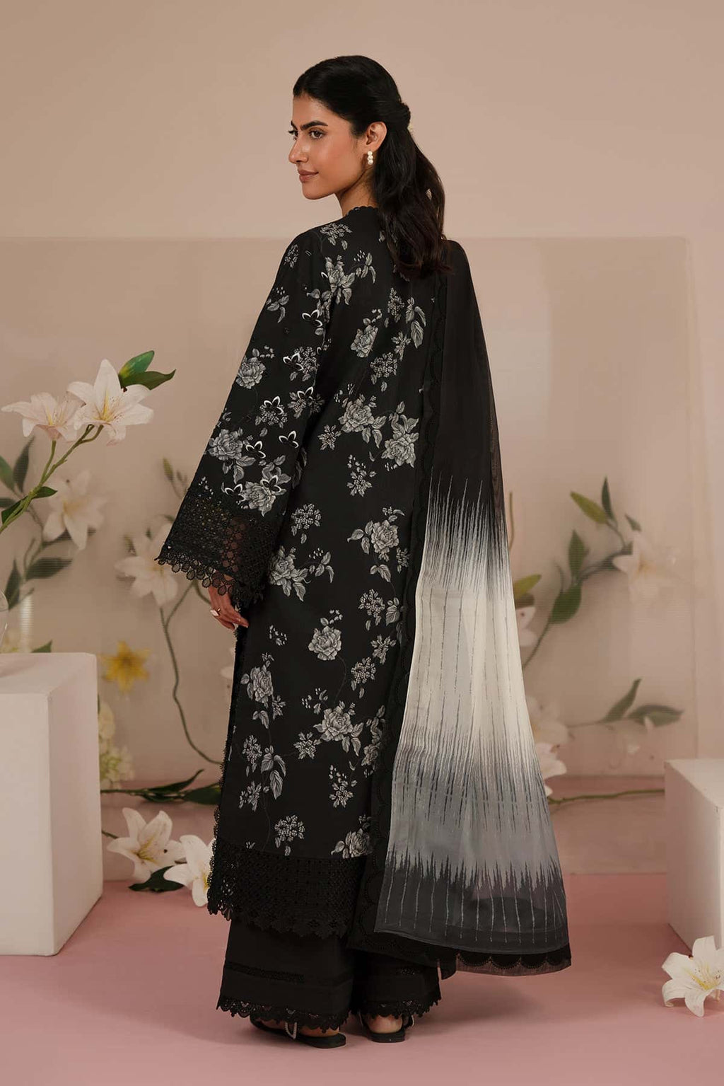 Digital Printed Black Lawn 3-Piece Suit | Heavy Schiffli &amp; Spangle Embroidery with Printed Chiffon Dupatta