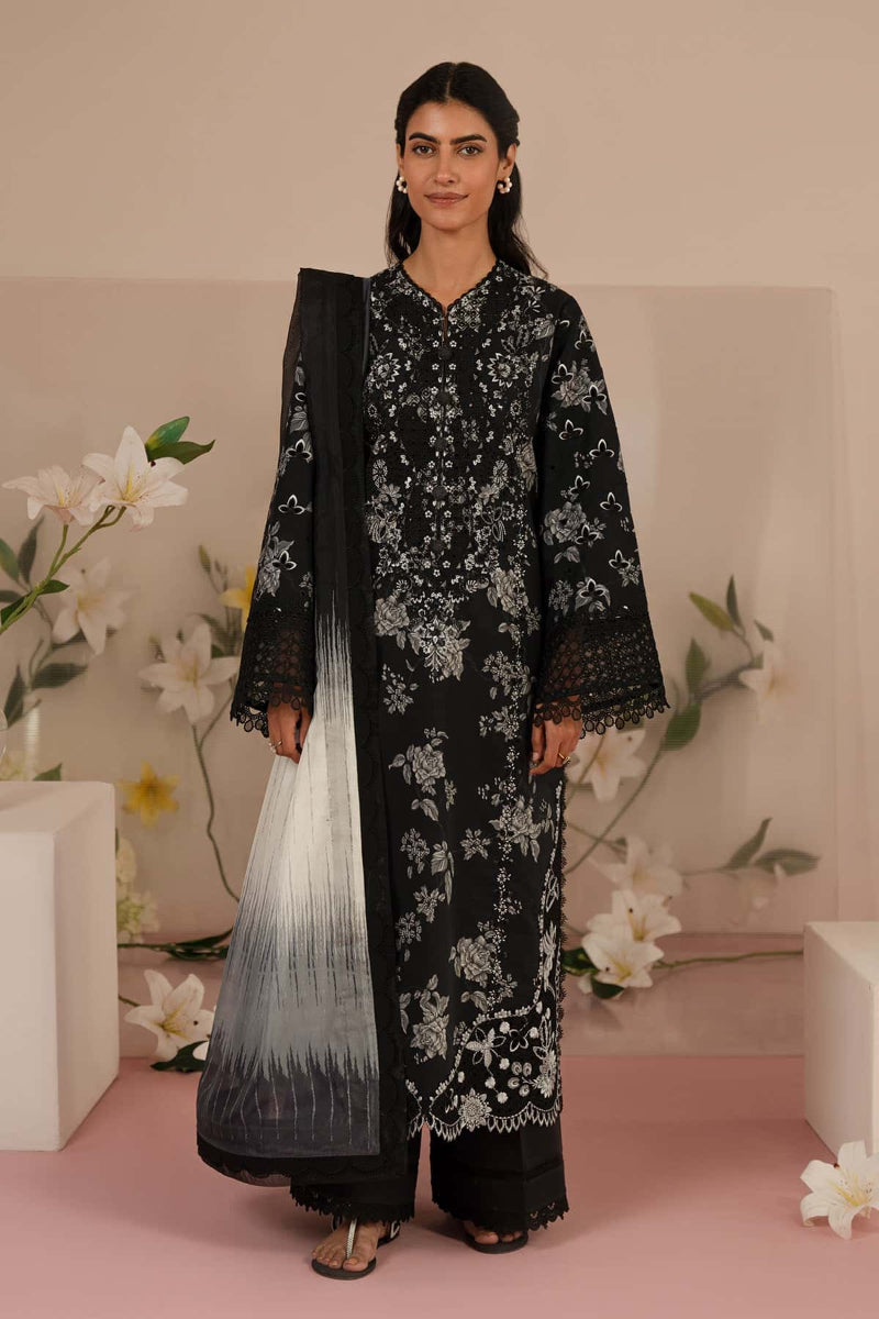 Digital Printed Black Lawn 3-Piece Suit | Heavy Schiffli &amp; Spangle Embroidery with Printed Chiffon Dupatta