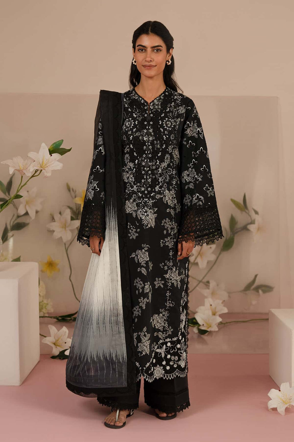 Digital Printed Black Lawn 3-Piece Suit | Heavy Schiffli &amp; Spangle Embroidery with Printed Chiffon Dupatta