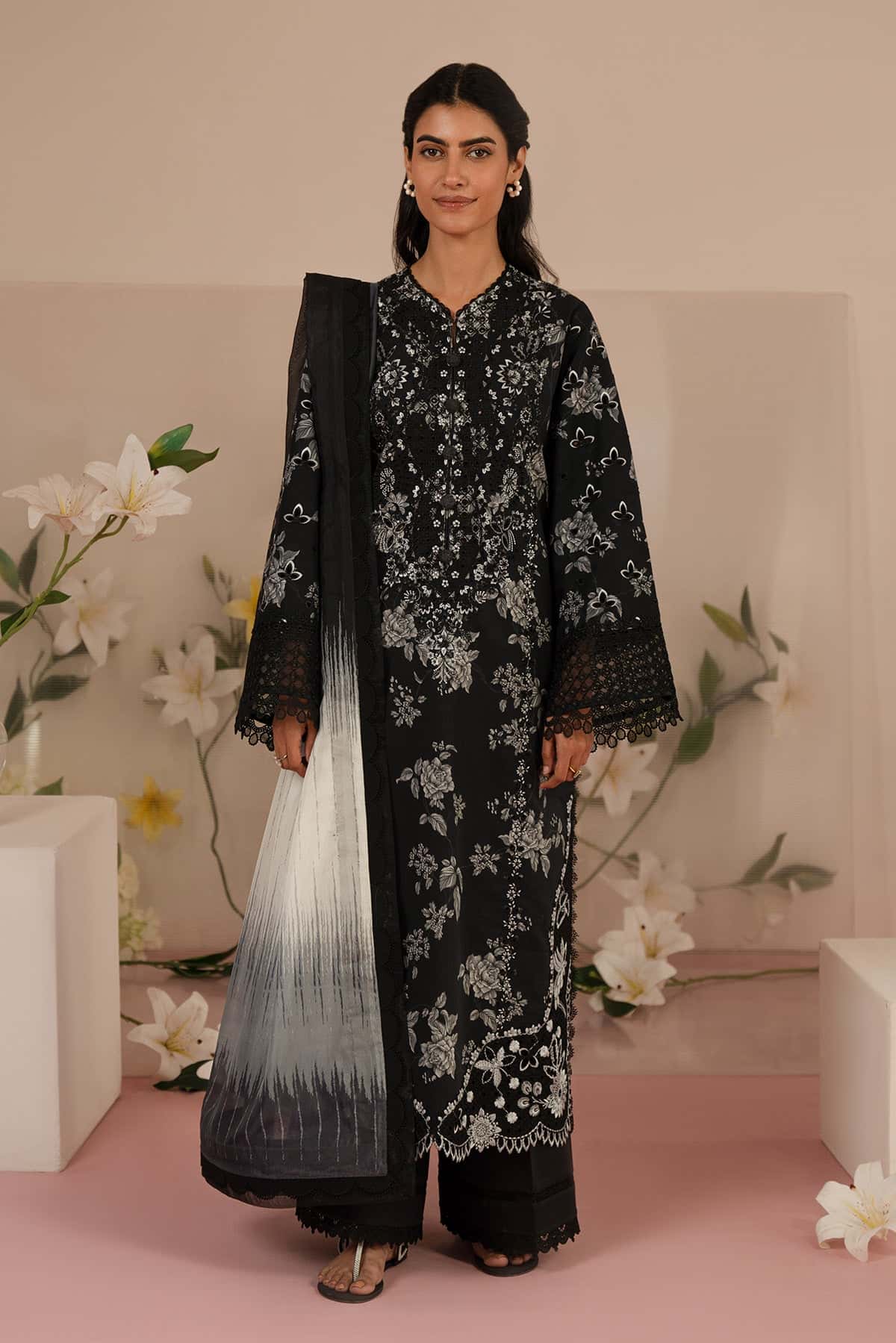 Digital Printed Black Lawn 3-Piece Suit | Heavy Schiffli &amp; Spangle Embroidery with Printed Chiffon Dupatta