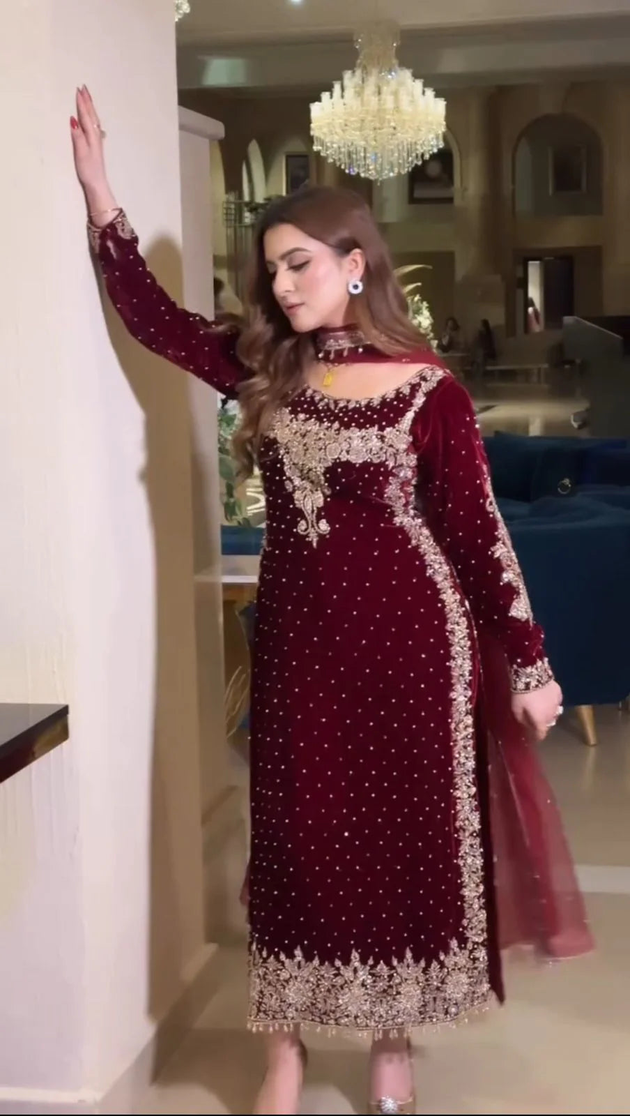 Poshkari Luxury Velvet Embroidered Stitched Maroon Majesty Suit |RTW