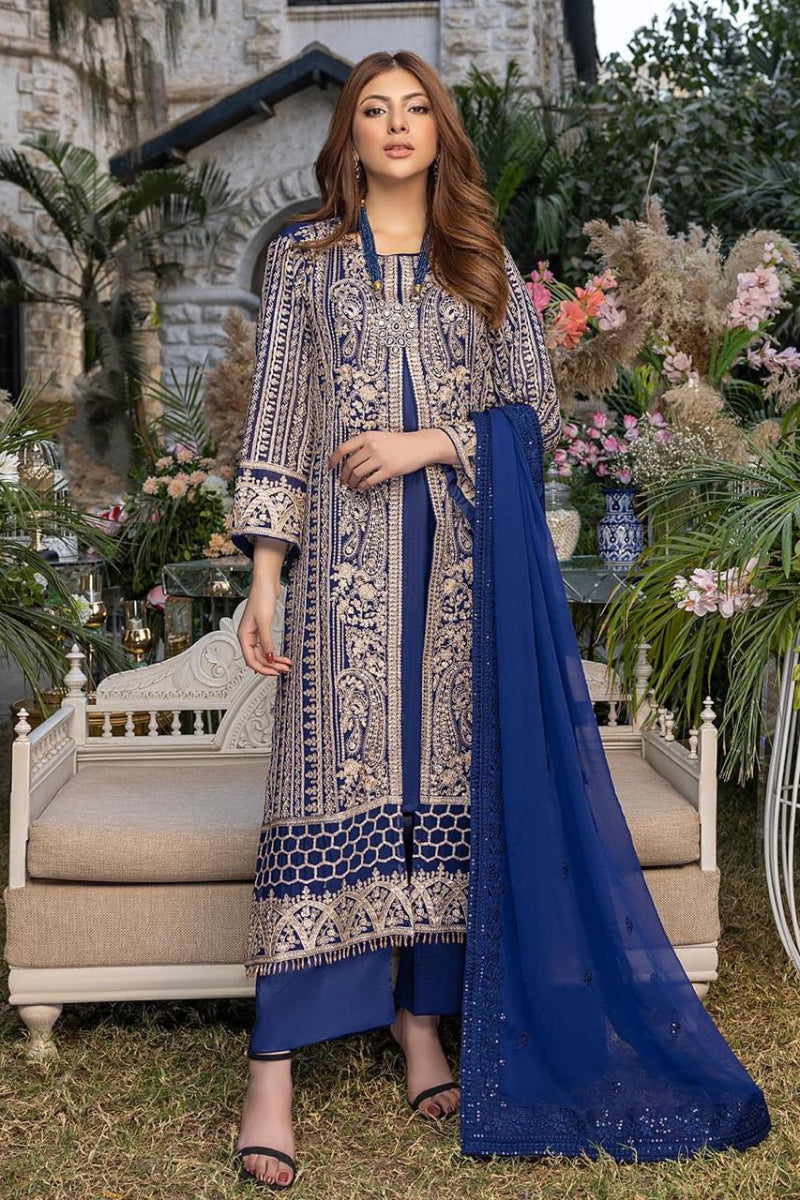 Semi Pure Chiffon Royal Blue Sequence Embroidered 3-Piece Suit | Dyed Malai Trouser &amp; Inner