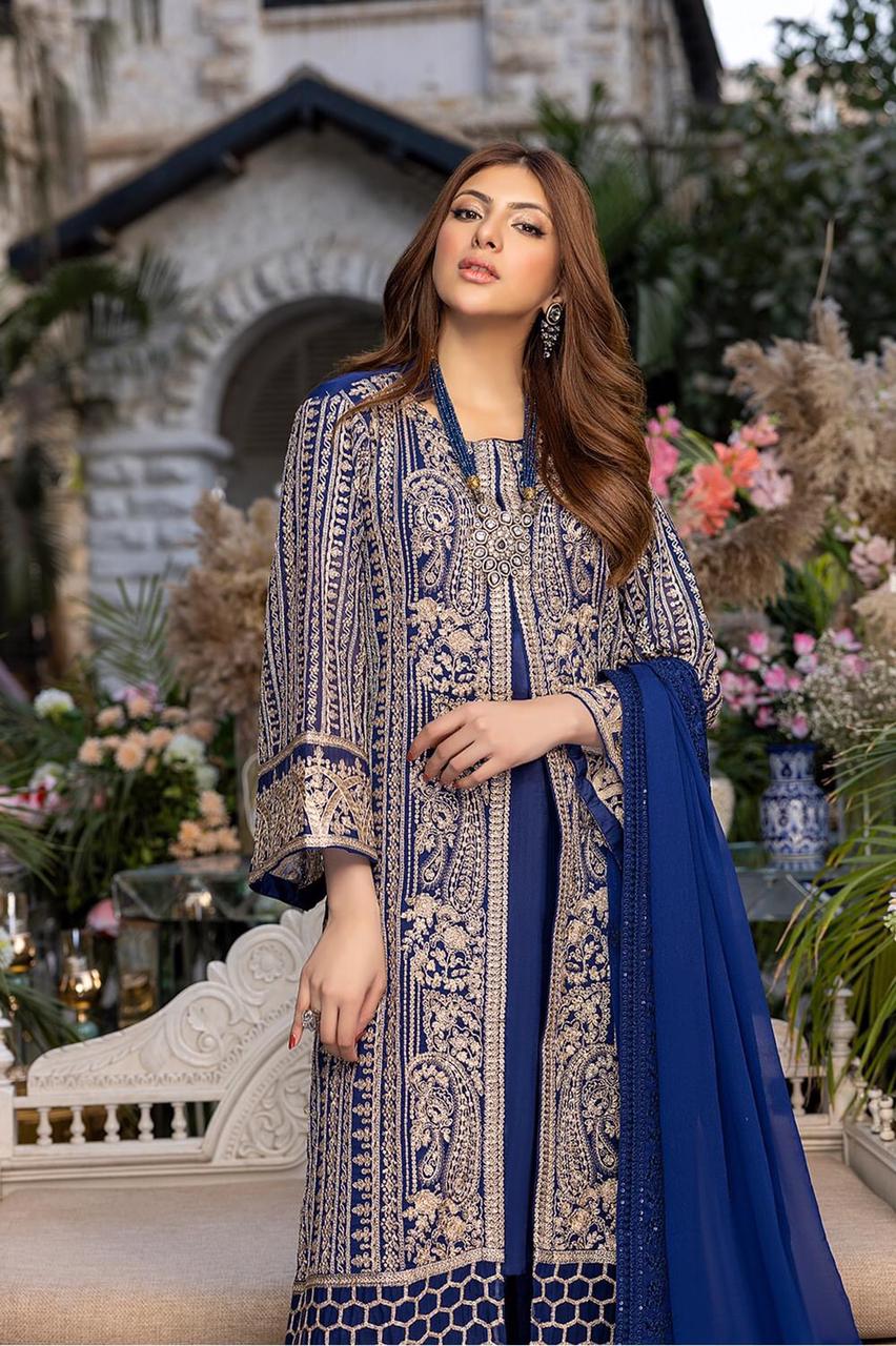 Semi Pure Chiffon Royal Blue Sequence Embroidered 3-Piece Suit | Dyed Malai Trouser &amp; Inner