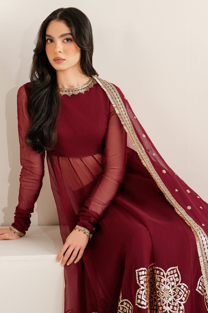 Maroon Semi Pure Chiffon Ready to Wear Sequence Embroidered Lehenga Suit