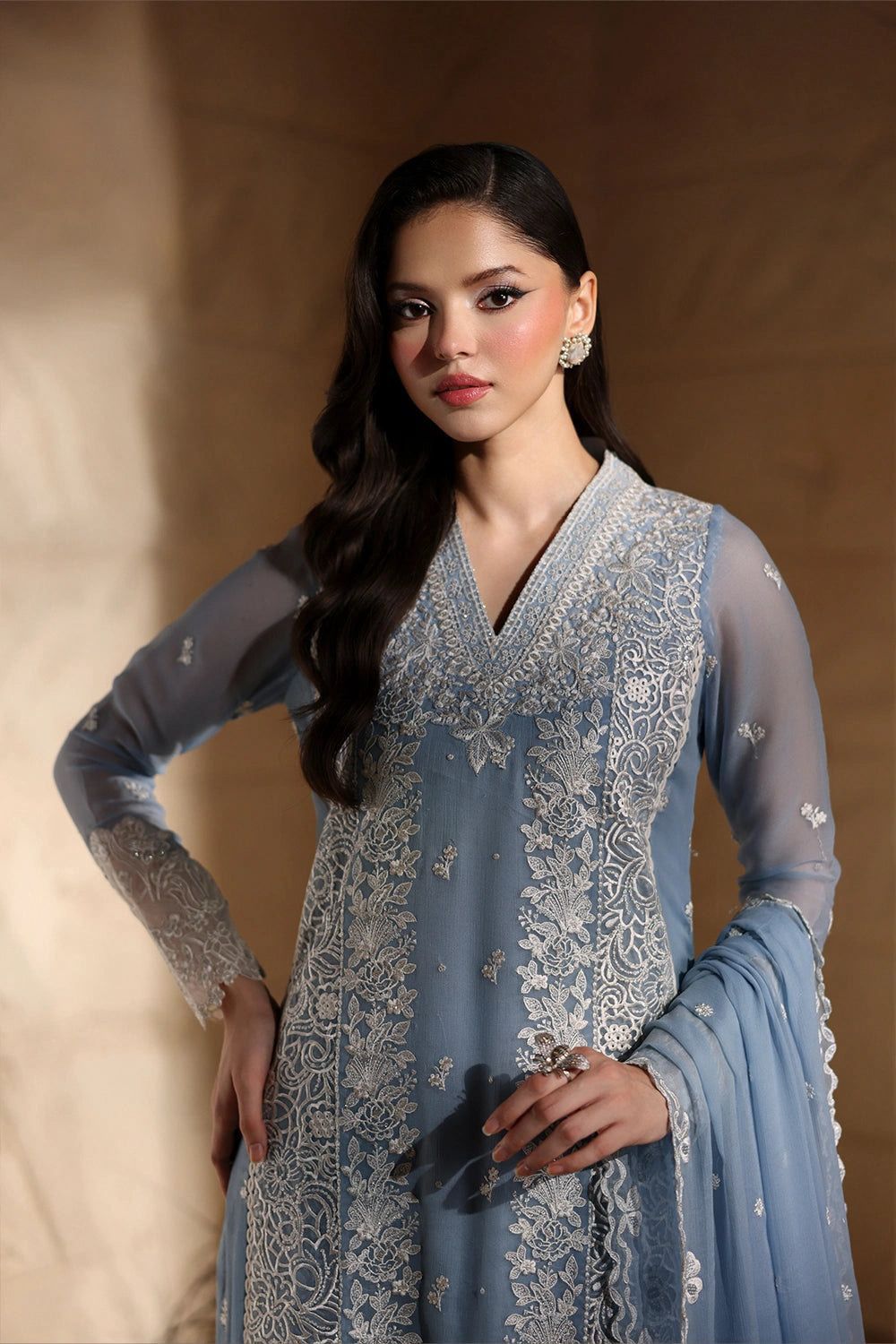 Steel Blue Embroidered Chiffon 3-Piece Suit|  Ready to Wear