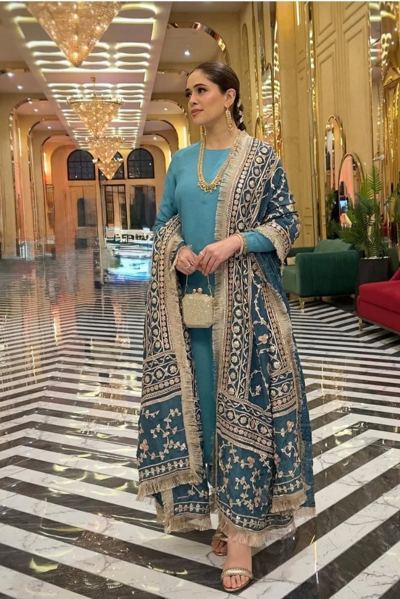 Teal Blue Plain Silk Ready to Wear Russian Silk Shawl Suit