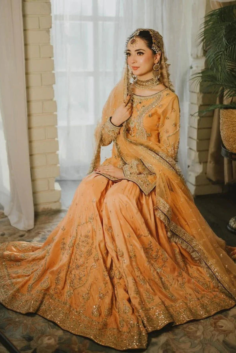 Festive Peach Embroidered Chiffon Lehenga Suit with Shamos Silk| RTW