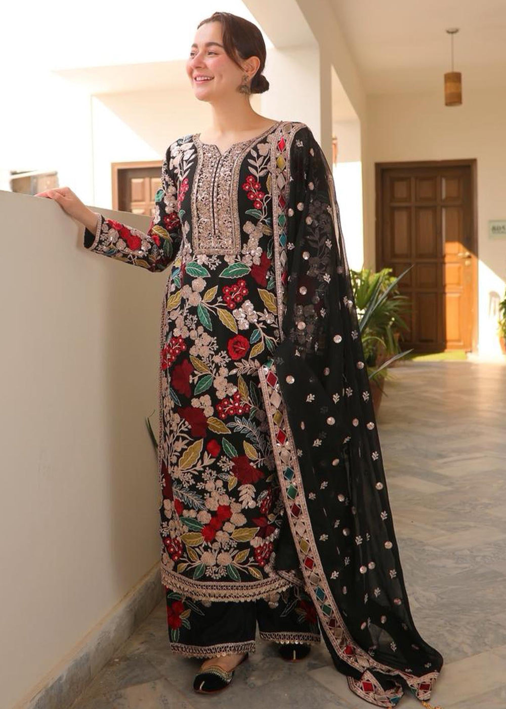Luxury Black Heavily Embroidered Chiffon 3-Piece Formal Suit | RTW
