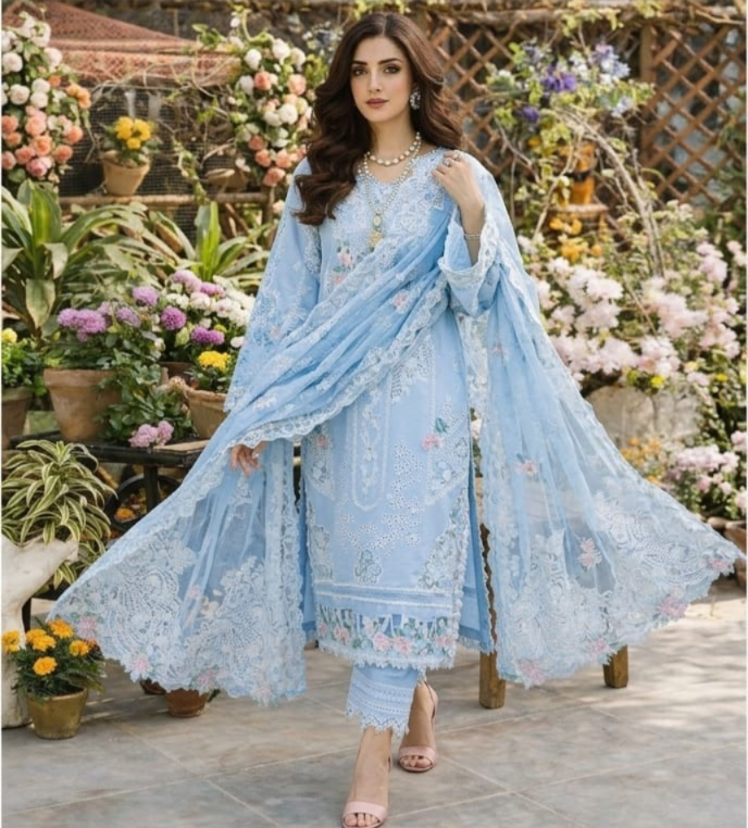 03-Piece Cotton Suit With Embroidery - Ready To Wear