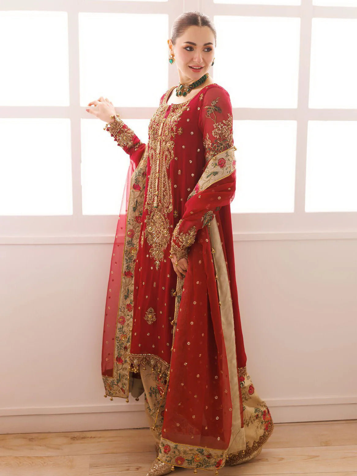 Red and Gold Embroidered Semi Pure Chiffon Suit | Ready to Wear
