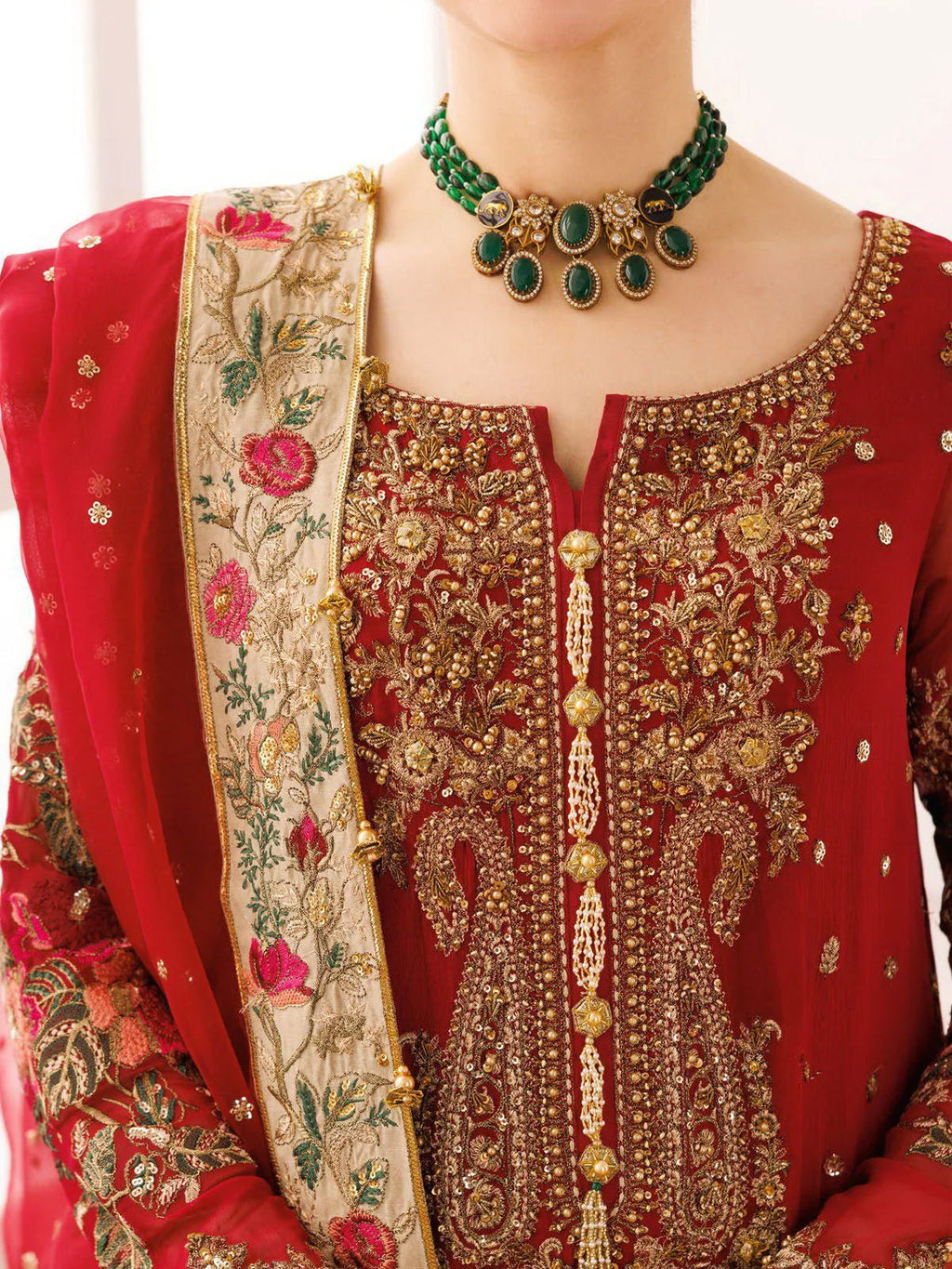 Red and Gold Embroidered Semi Pure Chiffon Suit | Ready to Wear
