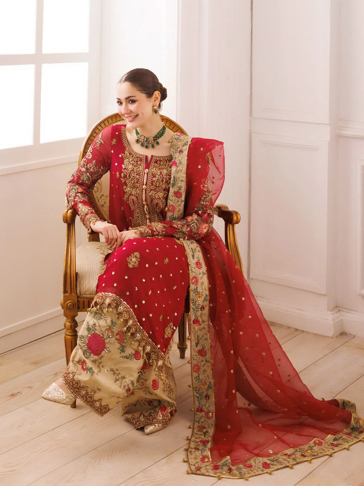 Red and Gold Embroidered Semi Pure Chiffon Suit | Ready to Wear