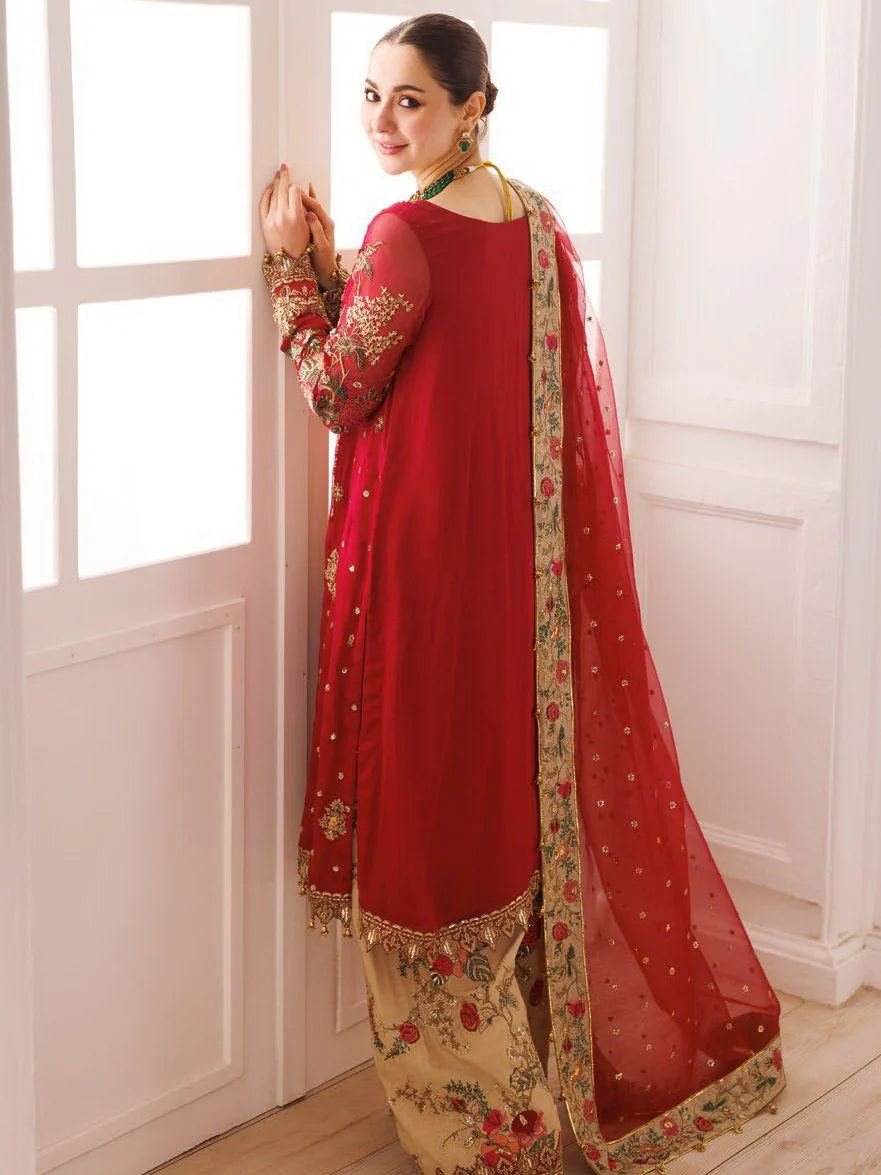 Red and Gold Embroidered Semi Pure Chiffon Suit | Ready to Wear