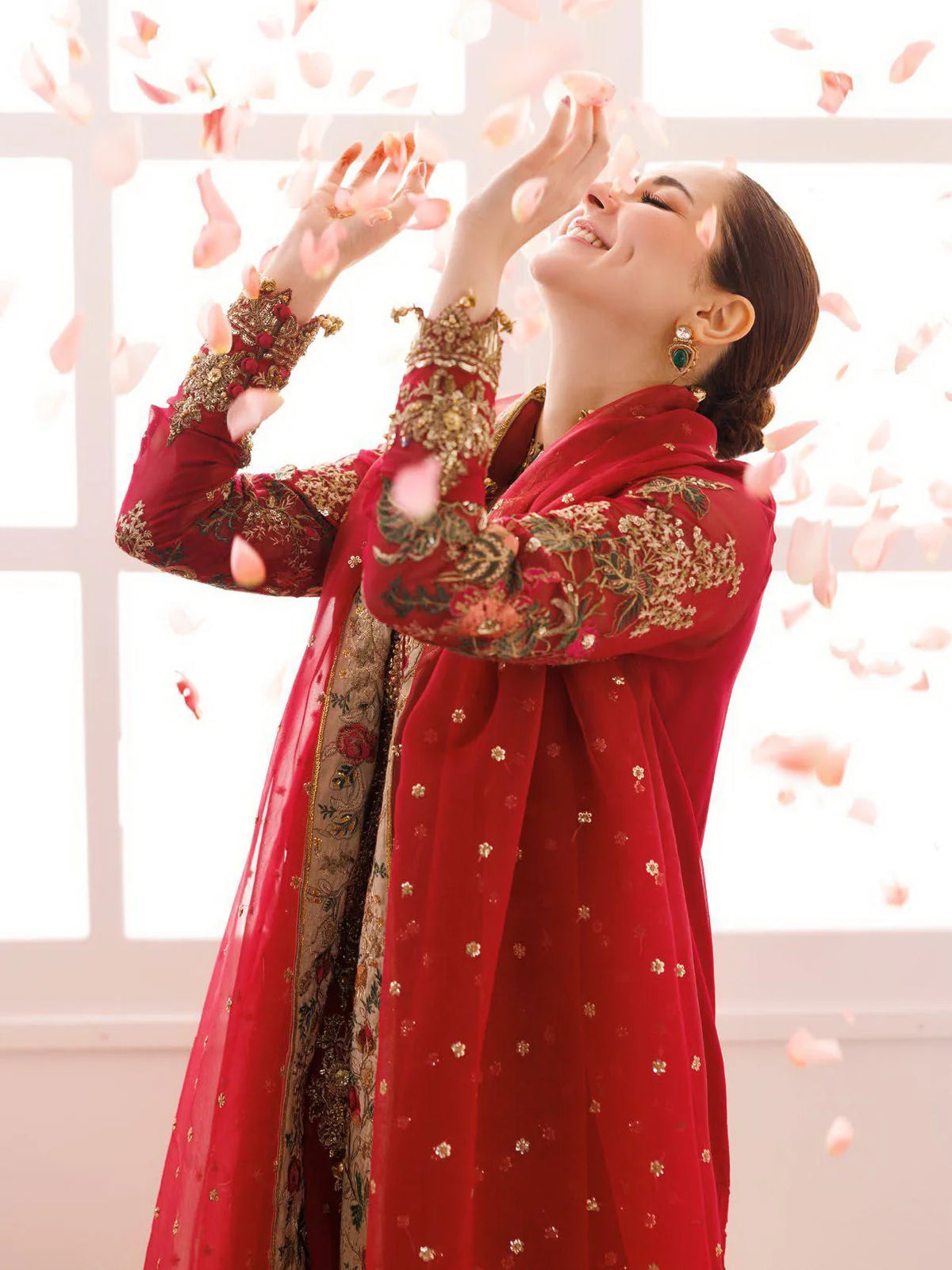Red and Gold Embroidered Semi Pure Chiffon Suit | Ready to Wear