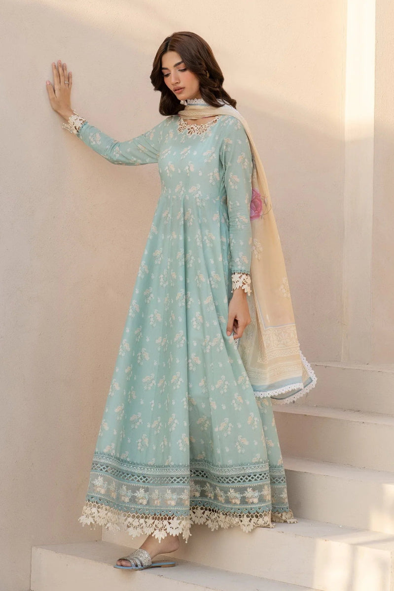Pastel Aqua Floral Anarkali - Embroidered Lawn Suit | Ready To Wear