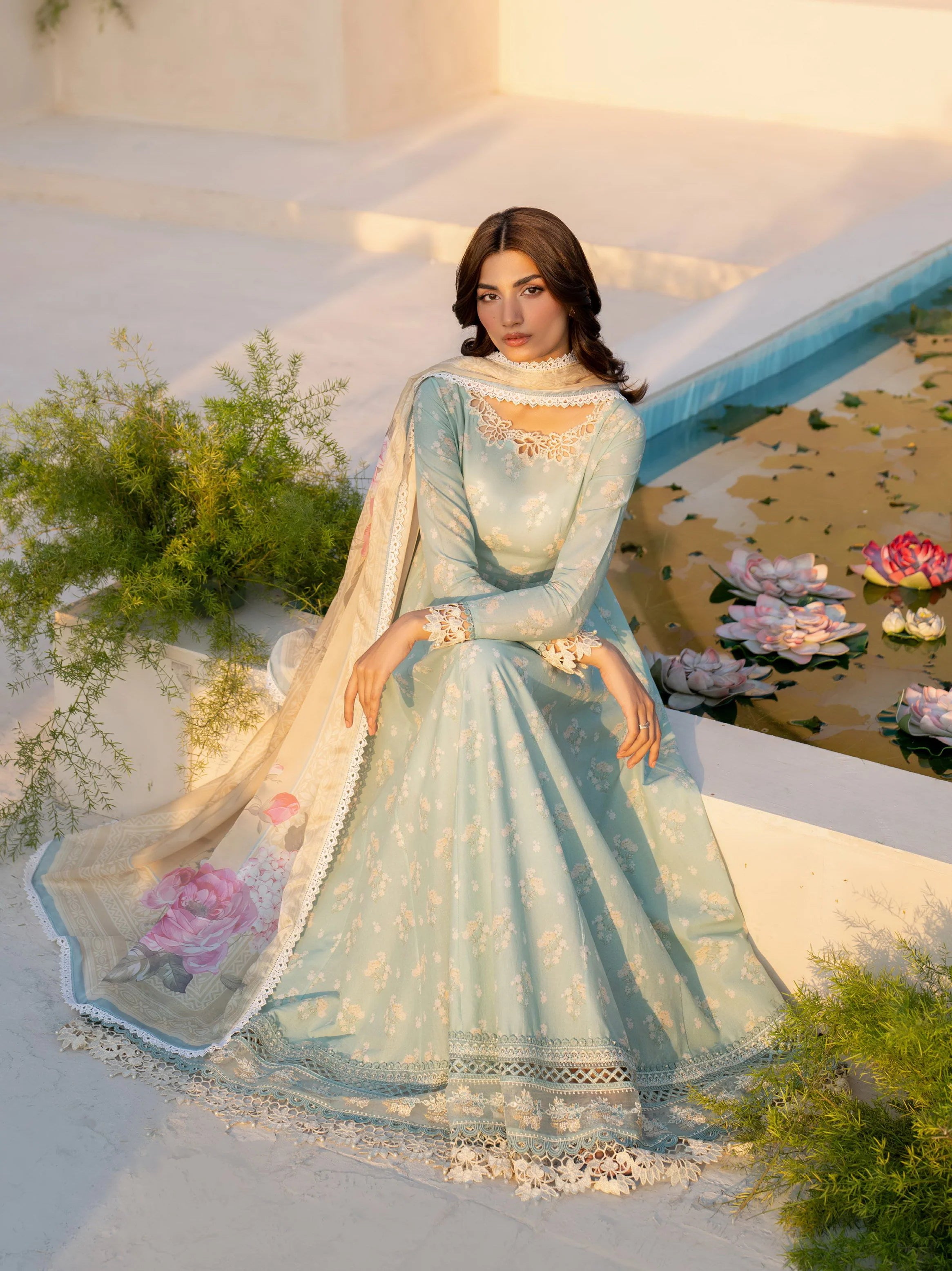 Pastel Aqua Floral Anarkali - Embroidered Lawn Suit | Ready To Wear