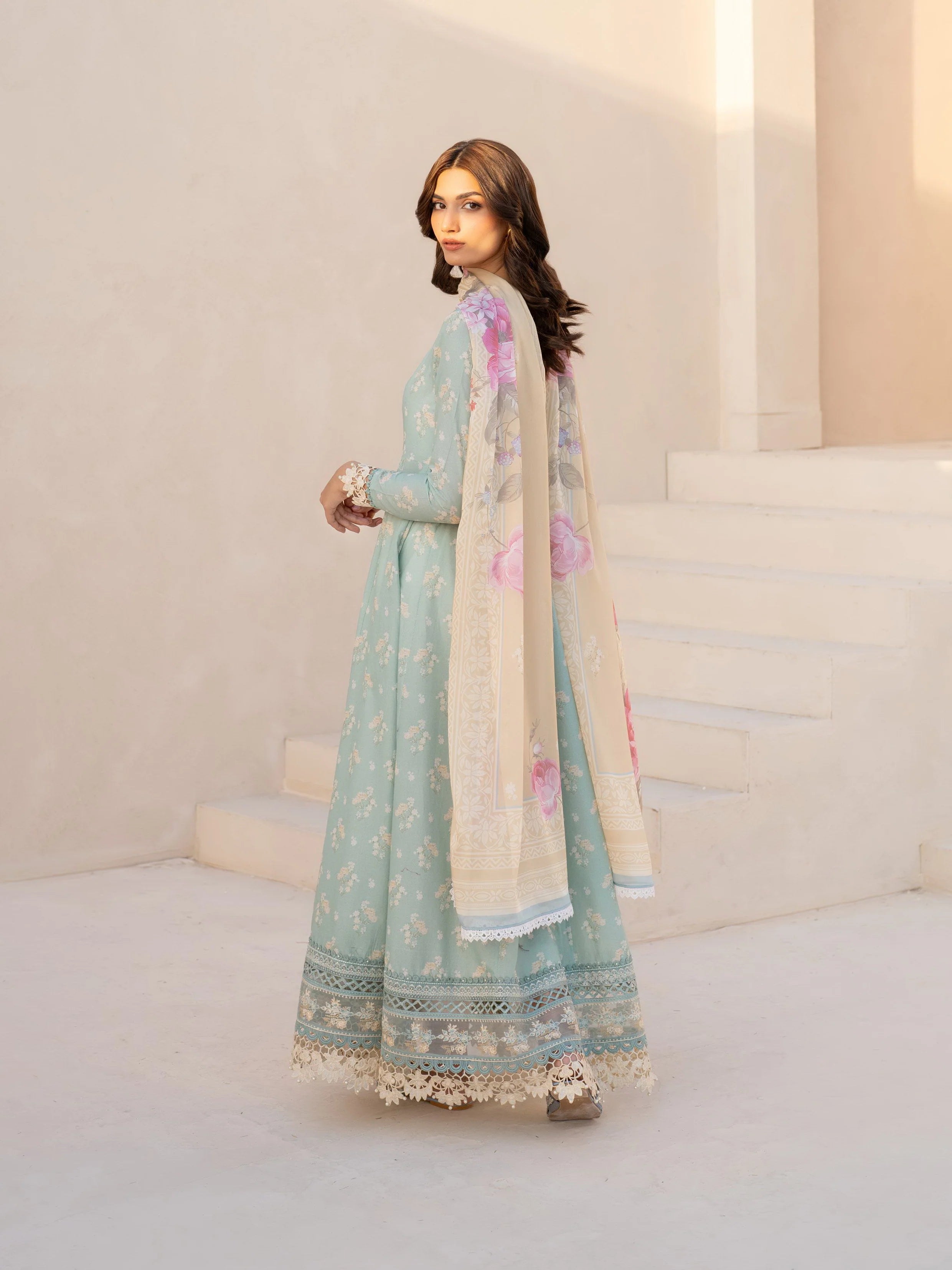 Pastel Aqua Floral Anarkali - Embroidered Lawn Suit | Ready To Wear