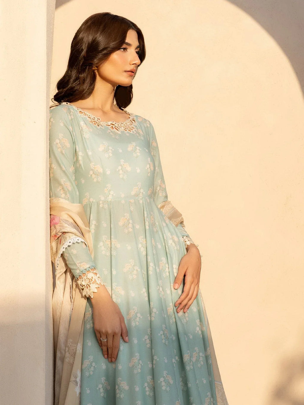Pastel Aqua Floral Anarkali - Embroidered Lawn Suit | Ready To Wear