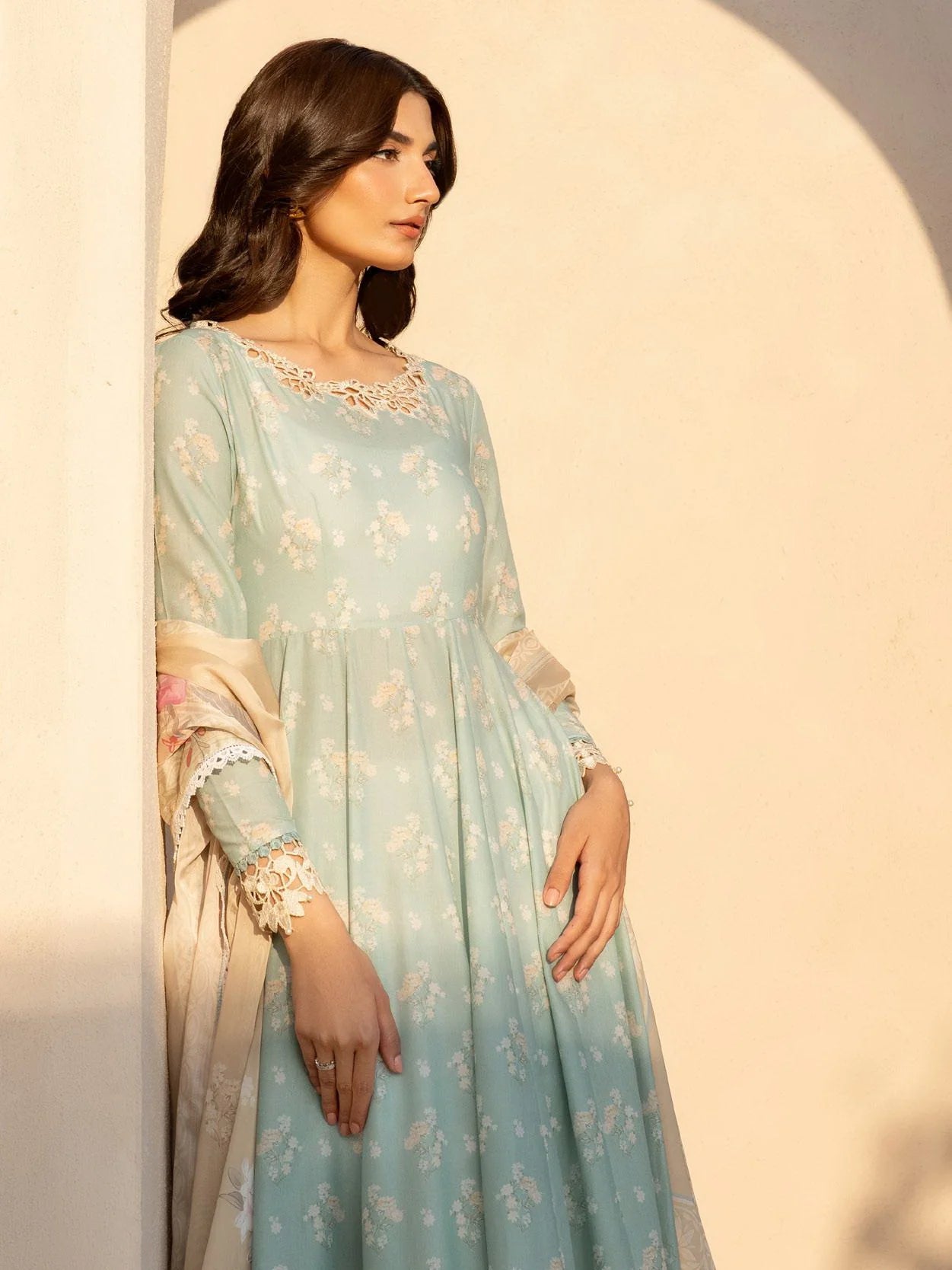 Pastel Aqua Floral Anarkali - Embroidered Lawn Suit | Ready To Wear