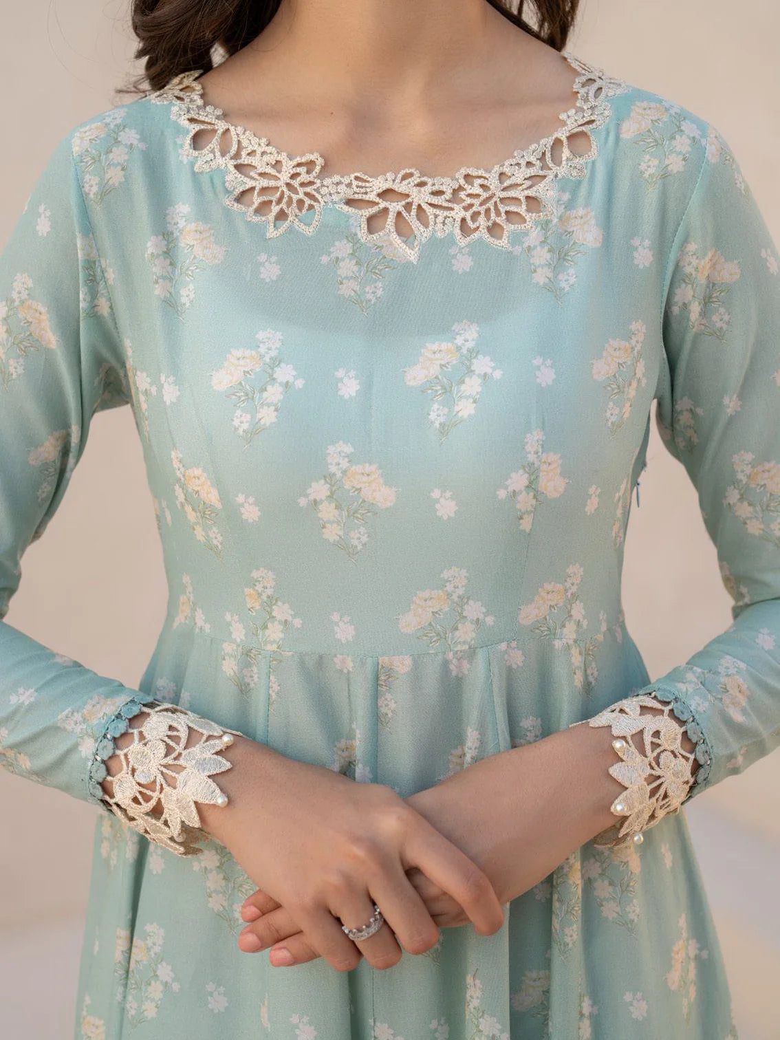 Pastel Aqua Floral Anarkali - Embroidered Lawn Suit | Ready To Wear