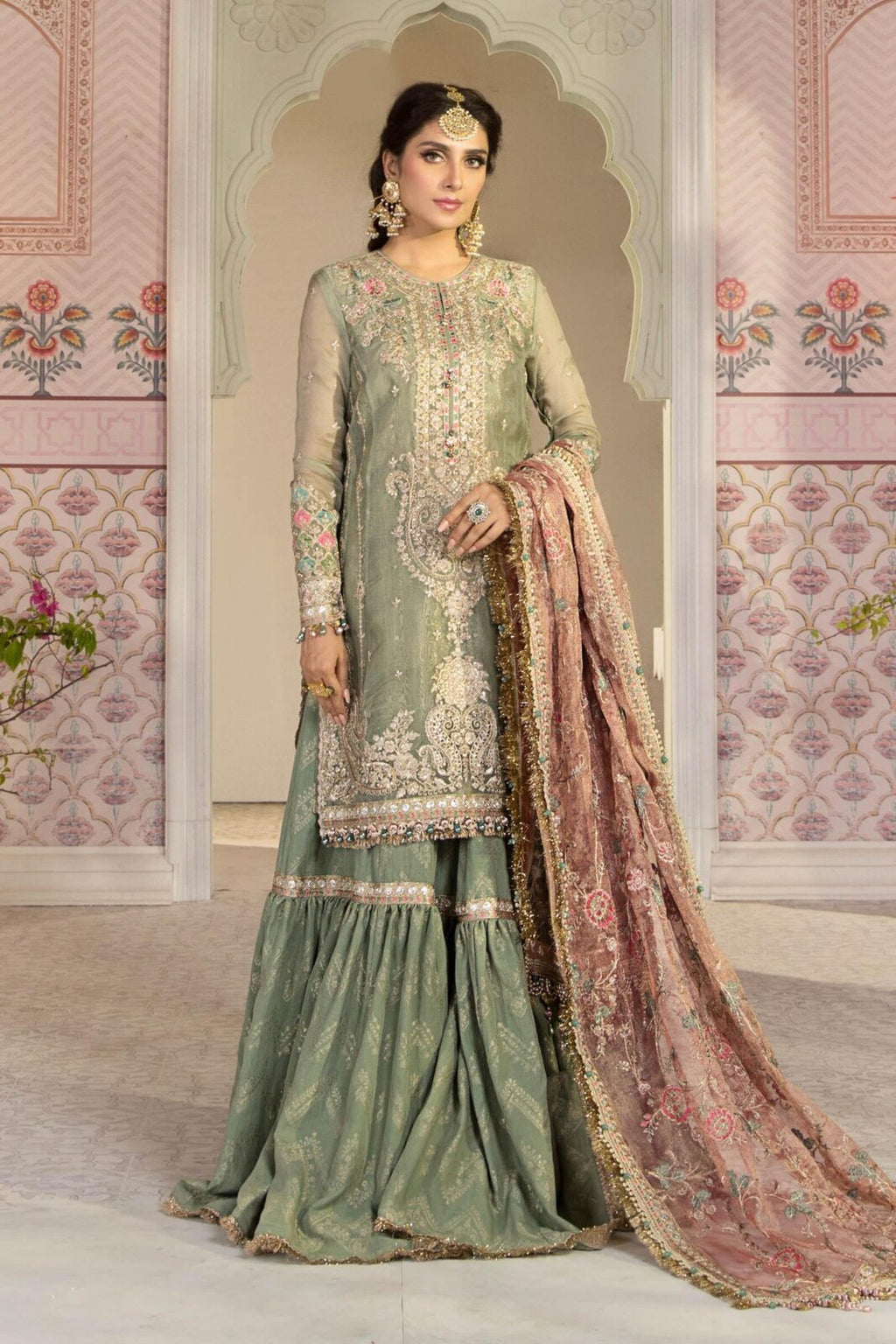 Sage Green Mysoori Embroidered Sharara Suit | Ready to Wear