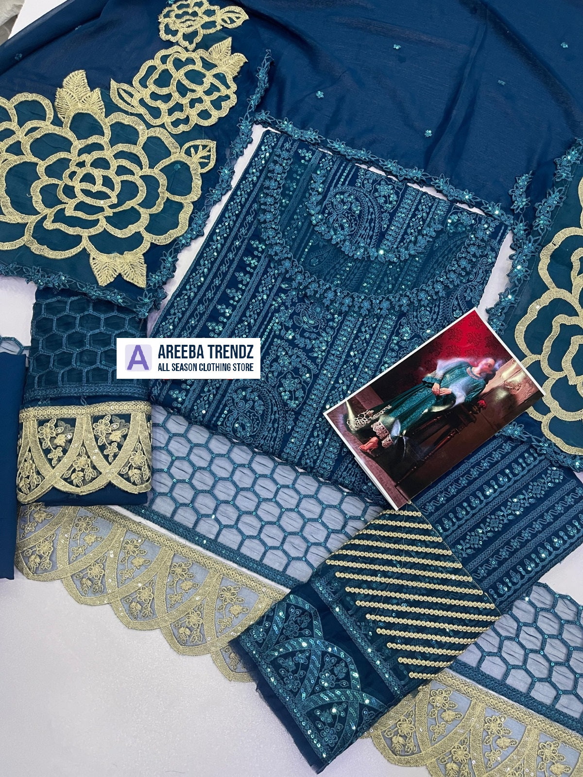 Luxury Deep Teal Heavy Embroidered Chiffon 3-Piece Formal Suit | RTW