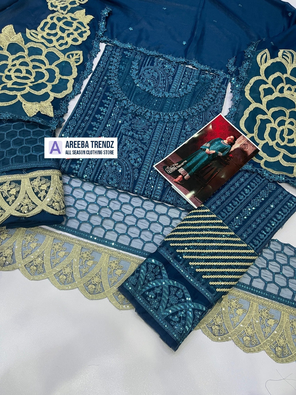 Luxury Deep Teal Heavy Embroidered Chiffon 3-Piece Formal Suit | RTW