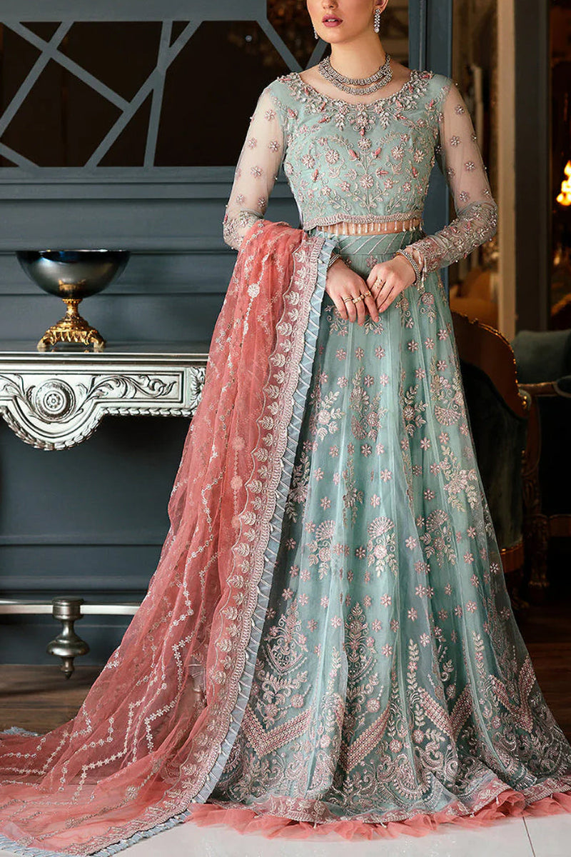 Mint Green and Coral Heavy Embroidered Net Frock Suit |Ready to Wear