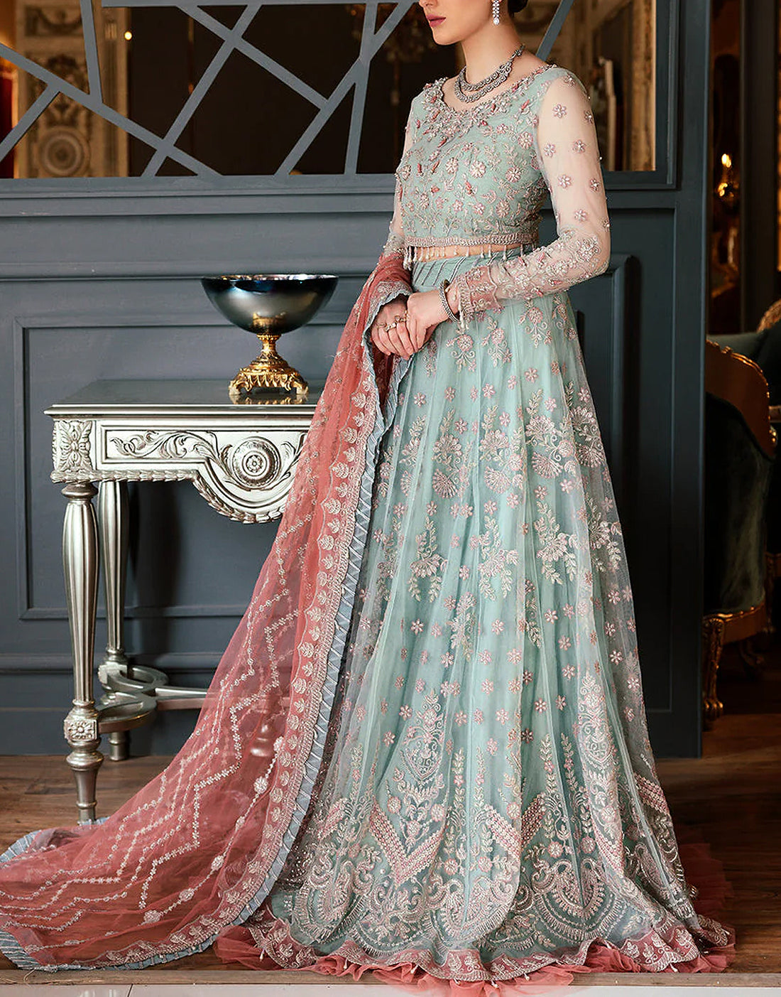 Mint Green and Coral Heavy Embroidered Net Frock Suit |Ready to Wear