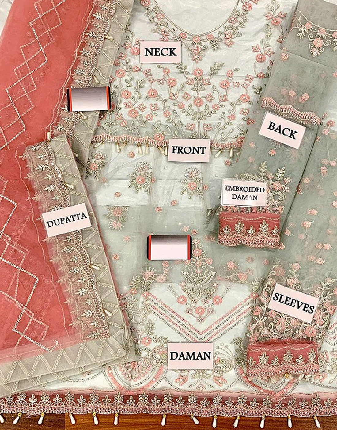 Mint Green and Coral Heavy Embroidered Net Frock Suit |Ready to Wear