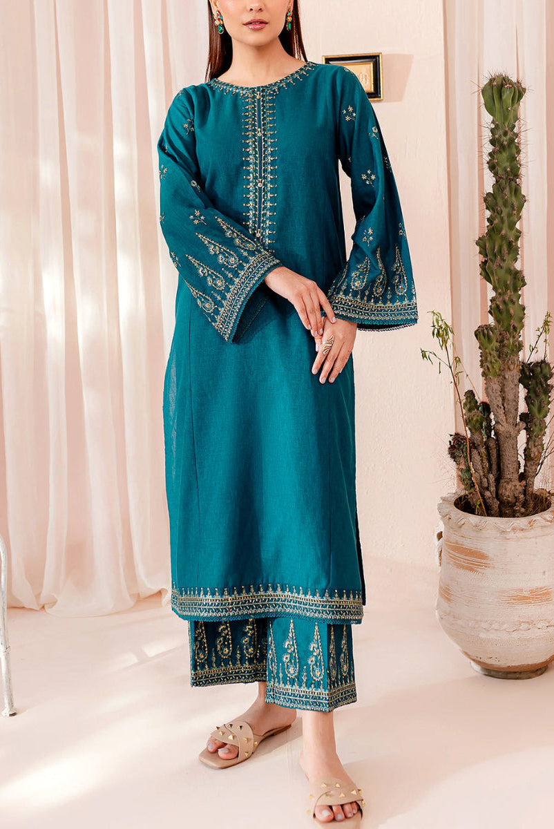 Heavy Embroidered Teal Lawn 3-Piece Suit | Chiffon Dupatta &amp; Embroidered Cotton Trouser