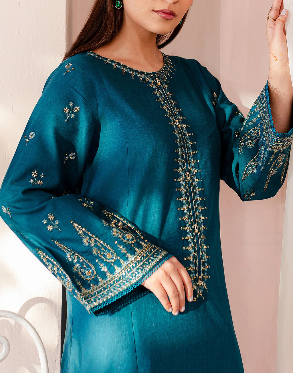 Heavy Embroidered Teal Lawn 3-Piece Suit | Chiffon Dupatta &amp; Embroidered Cotton Trouser
