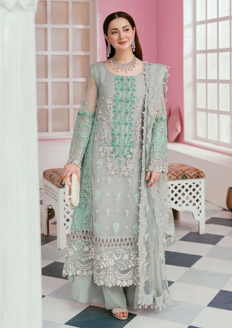 Sage Green Embroidered Organza Suit with Handwork |Ready to Wear