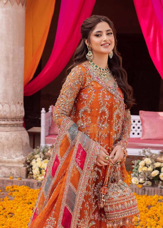 Festive Orange Sequence Work Net Frock with Silk Trouser | RTW