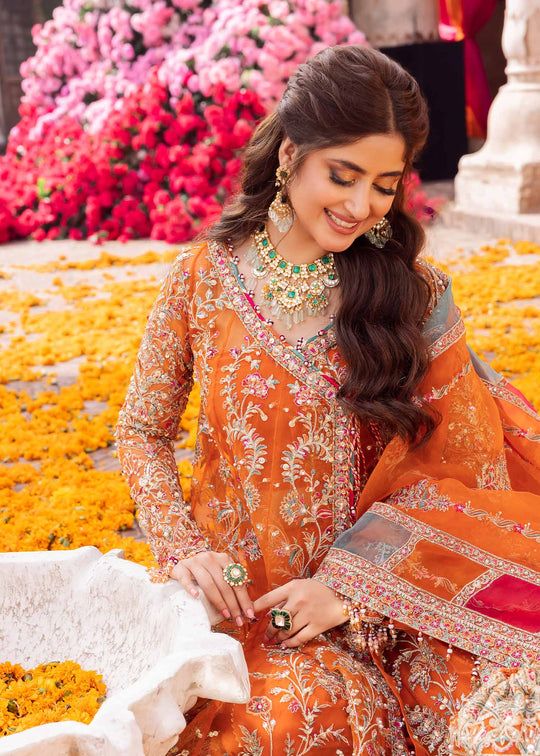 Festive Orange Sequence Work Net Frock with Silk Trouser | RTW