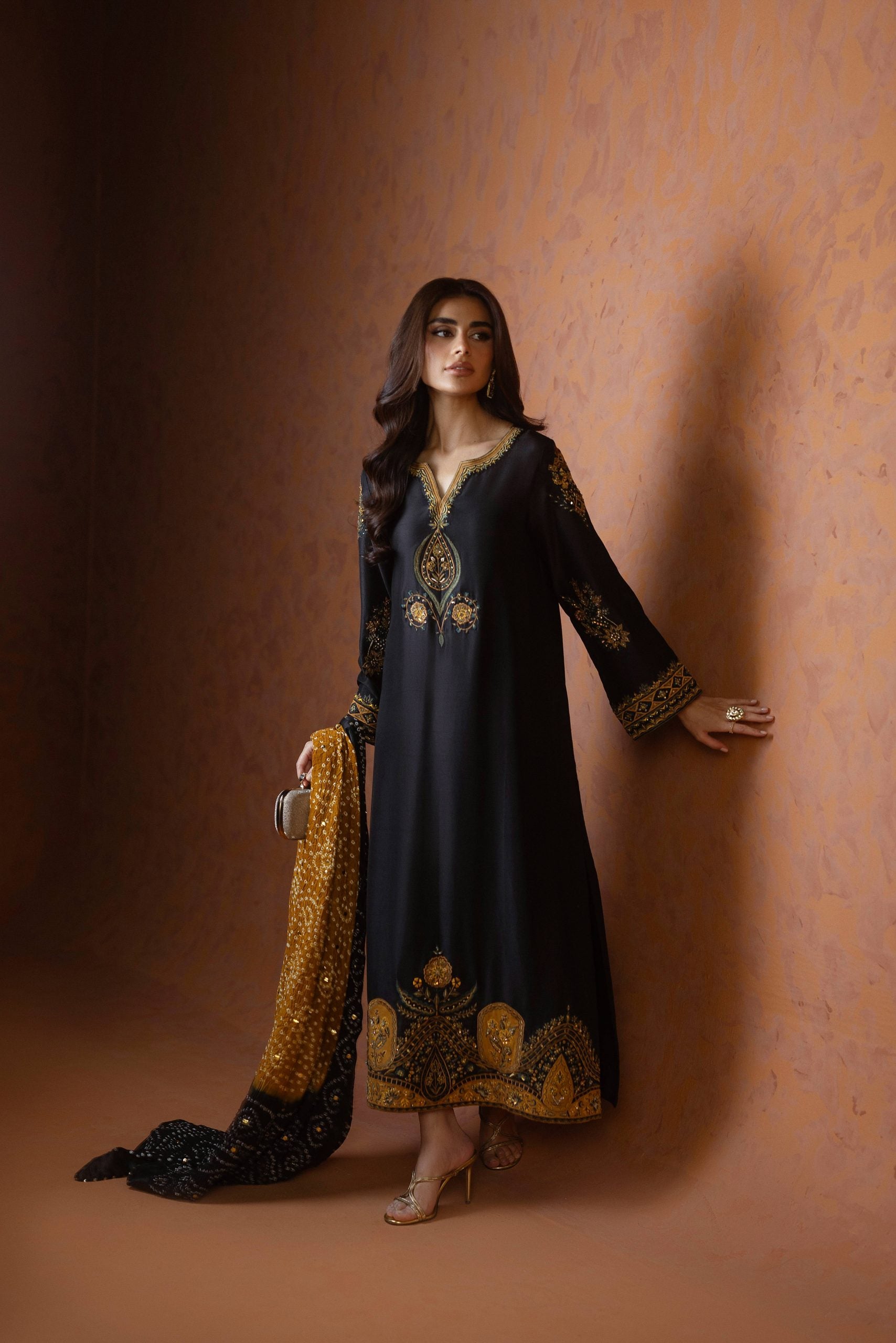 Heavy Embroidered Lava Silk 3-Piece Suit | Adda Work with Digital Churi Printed Dupatta &amp; Hanging Latkans