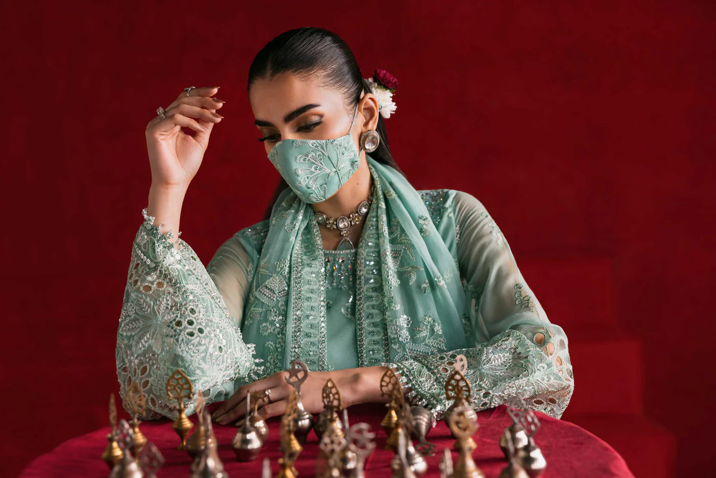 Sage Green - Embroidered Chiffon Suit | Ready To Wear