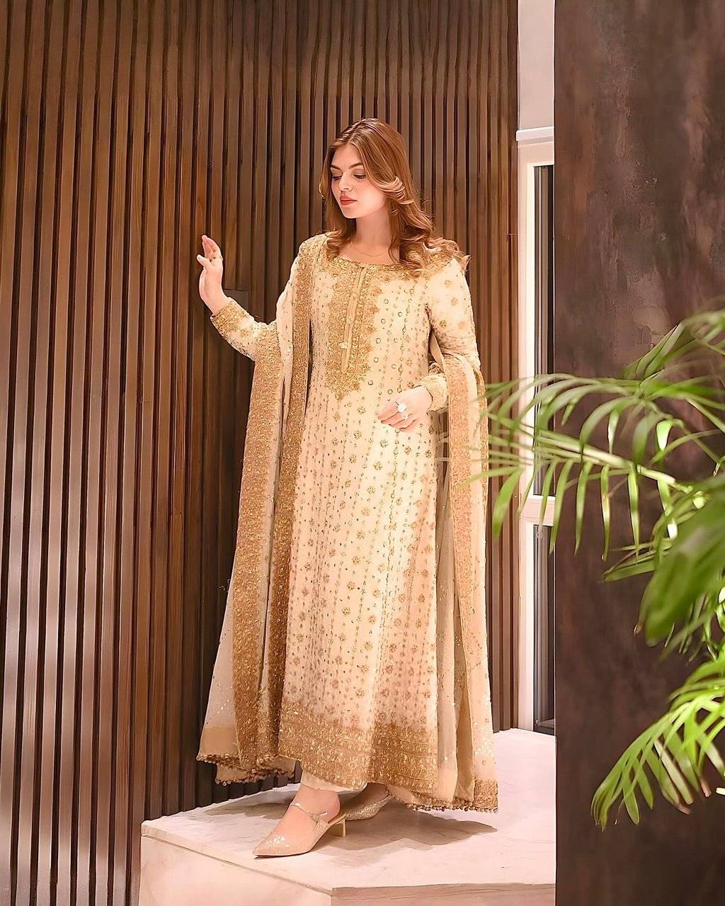 Luxury White and Gold Bridal-Style Embroidered Chiffon Suit |RTW