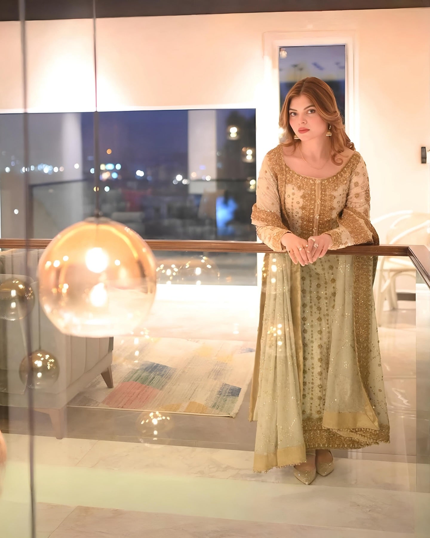 Luxury White and Gold Bridal-Style Embroidered Chiffon Suit |RTW