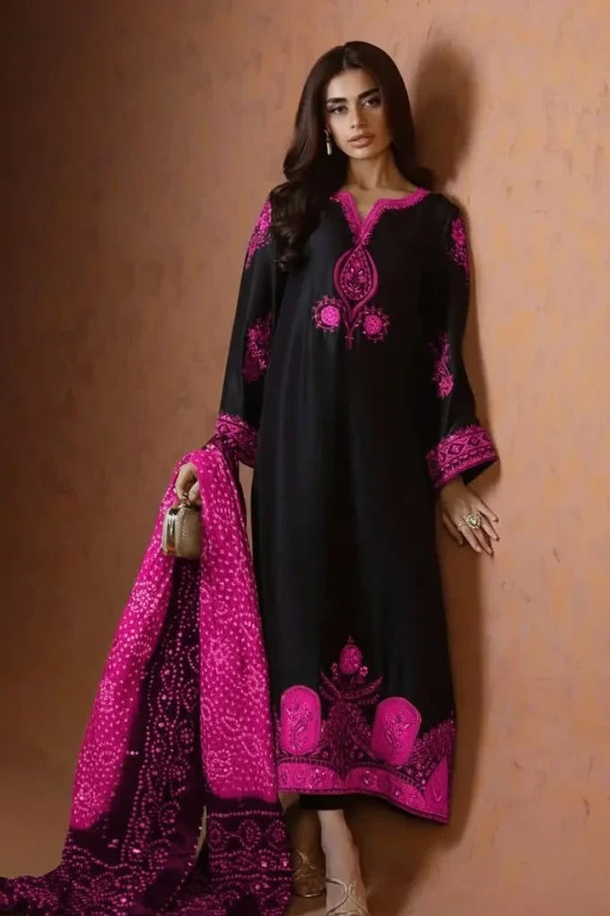 Heavy Embroidered Lava Silk 3-Piece Suit | Adda Work with Digital Churi Printed Dupatta &amp; Hanging Latkans