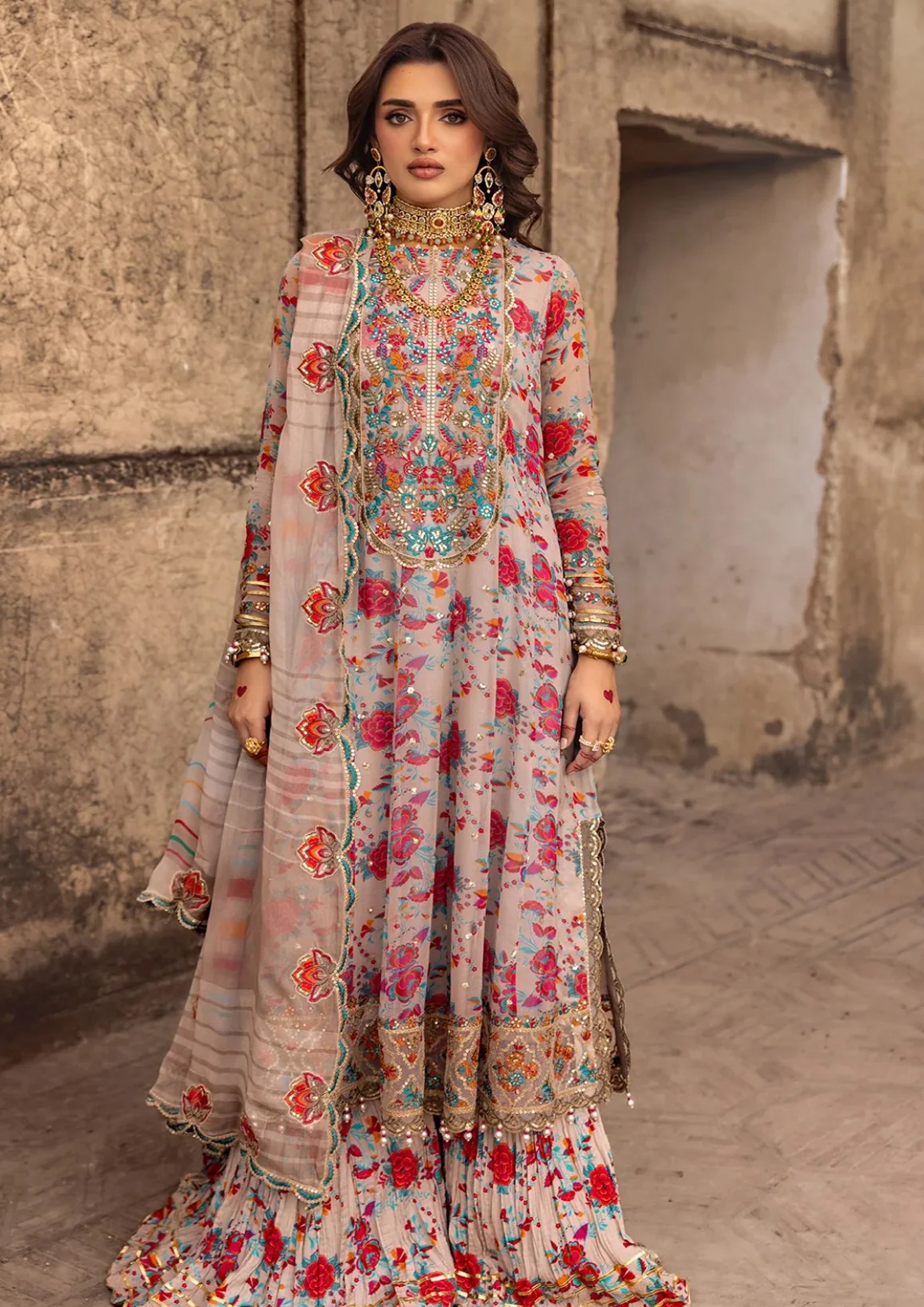 Luxury Embroidered Chiffon Suit | Floral Multicolor Sequence Work with Swiss Lawn Inner & Trouser
