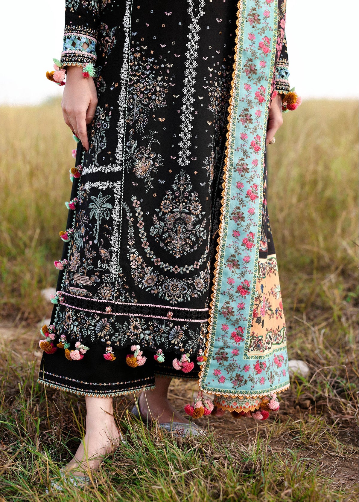 Black Chikankari Lawn Suit with Printed Dupatta | Ready-to-Wear