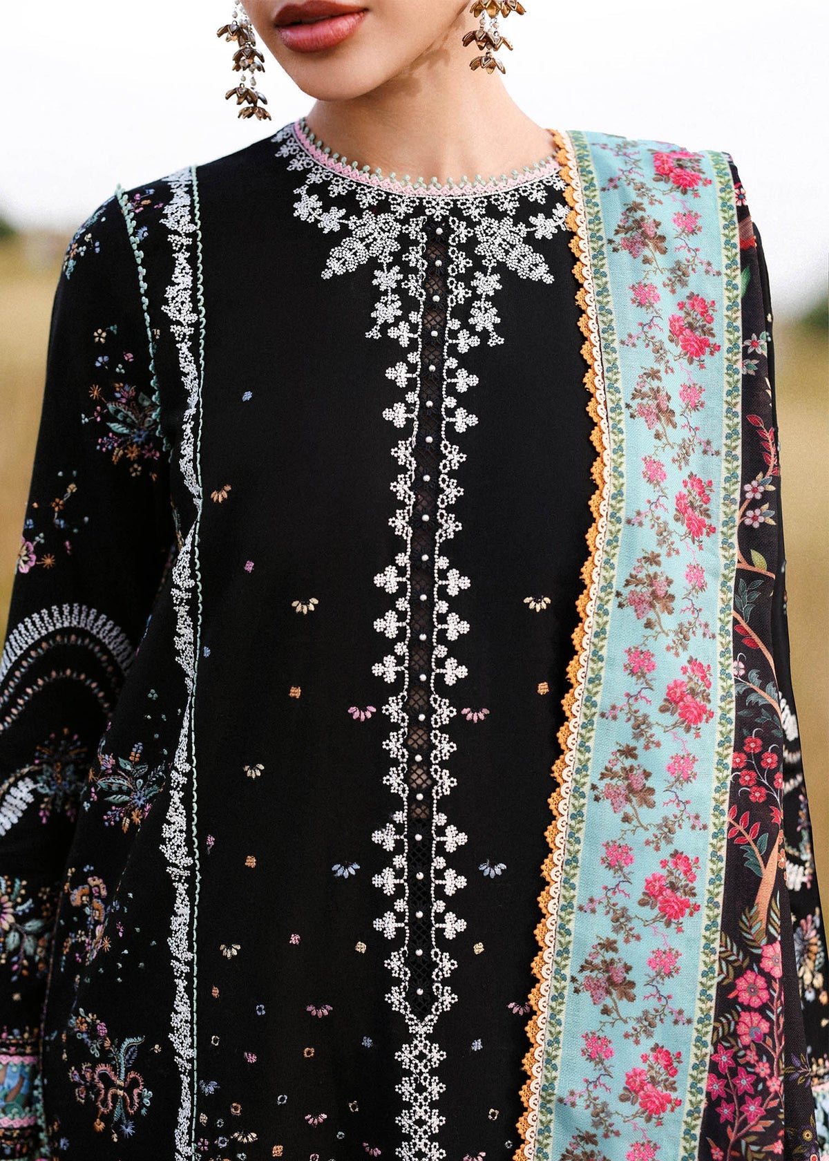 Black Chikankari Lawn Suit with Printed Dupatta | Ready-to-Wear