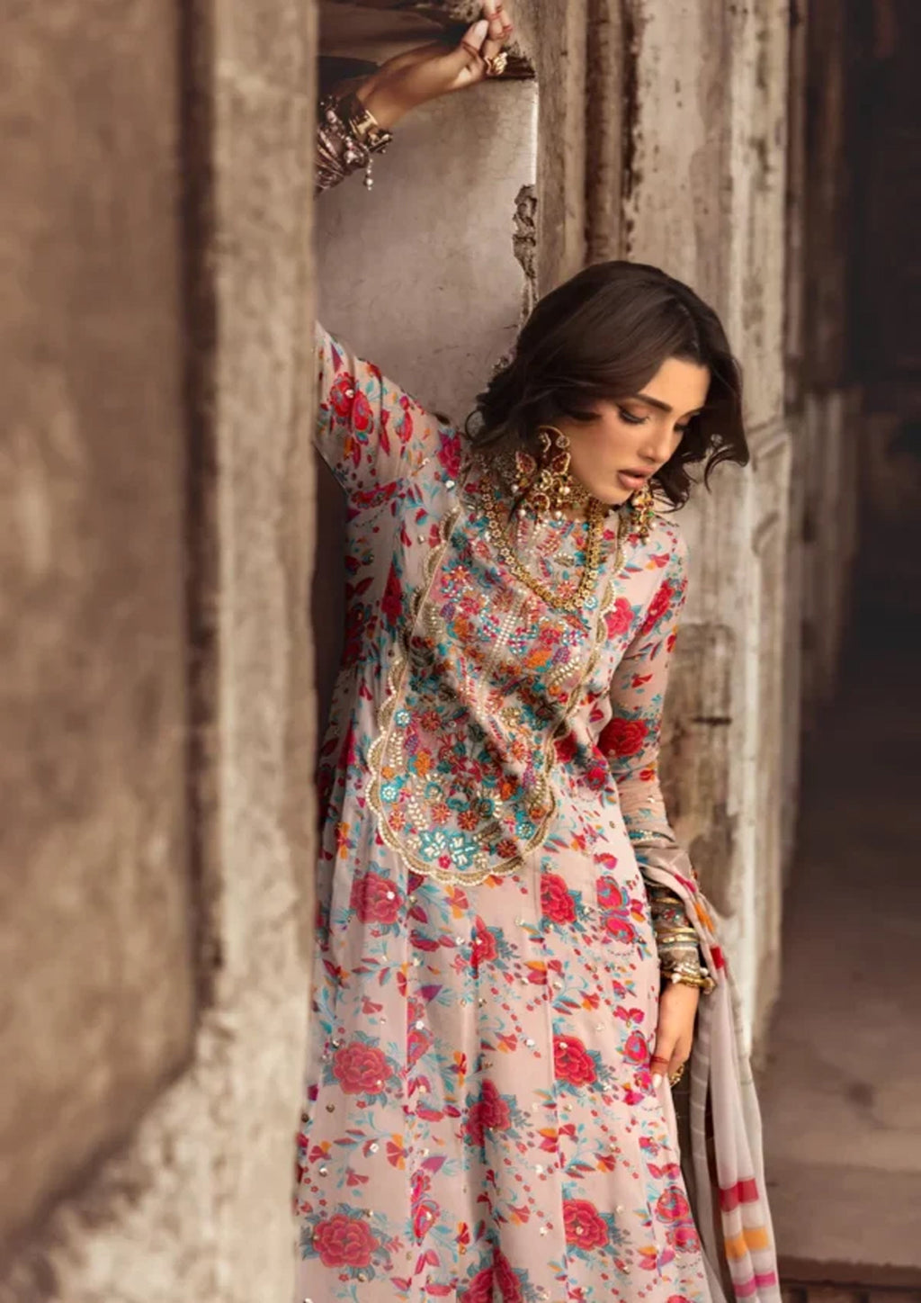 Luxury Embroidered Chiffon Suit | Floral Multicolor Sequence Work with Swiss Lawn Inner & Trouser