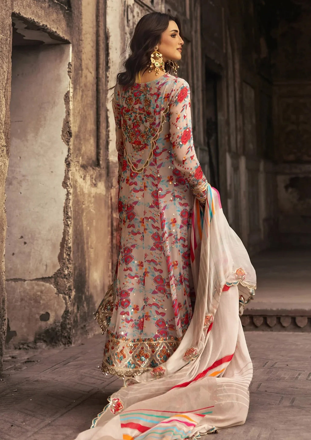 Luxury Embroidered Chiffon Suit | Floral Multicolor Sequence Work with Swiss Lawn Inner & Trouser
