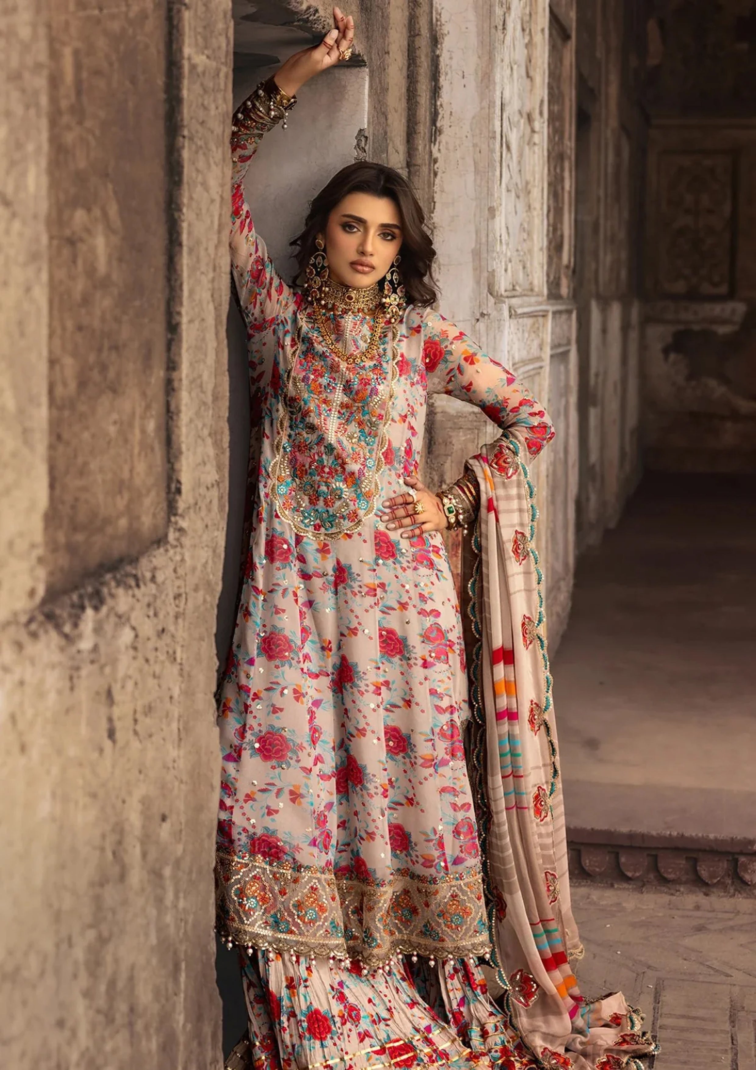 Luxury Embroidered Chiffon Suit | Floral Multicolor Sequence Work with Swiss Lawn Inner & Trouser