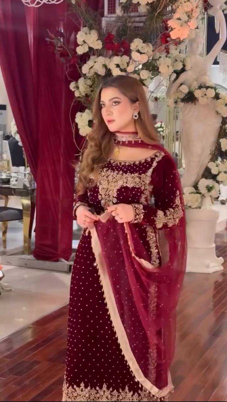 Poshkari Luxury Velvet Embroidered Stitched Maroon Majesty Suit |RTW