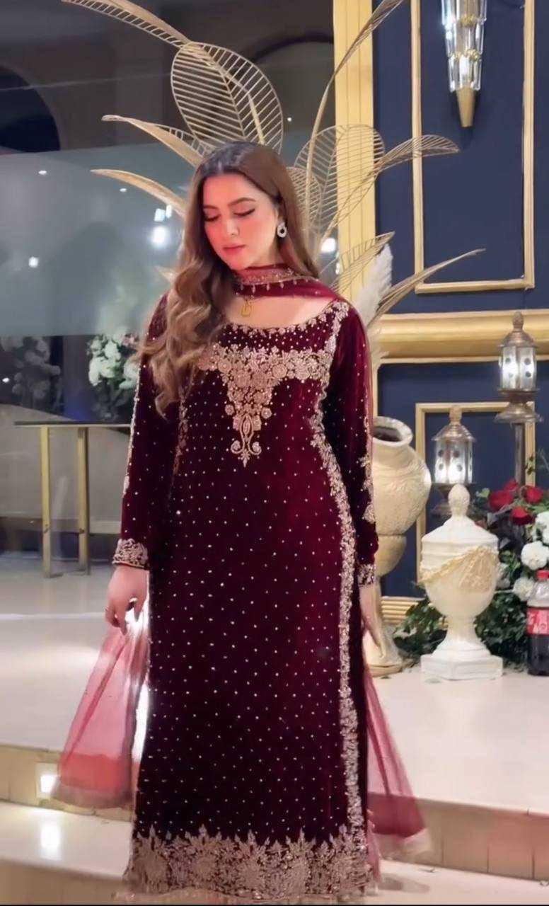 Poshkari Luxury Velvet Embroidered Stitched Maroon Majesty Suit |RTW