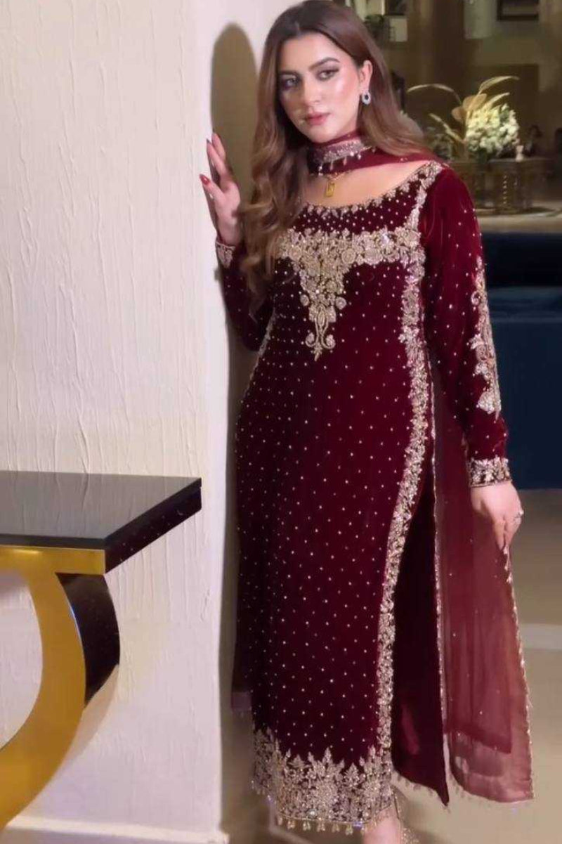 Poshkari Luxury Velvet Embroidered Stitched Maroon Majesty Suit |RTW